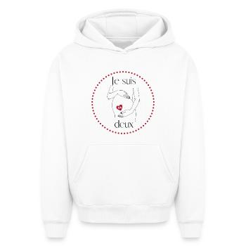 Je suis deux. Femme enceinte. Annonce grossesse. - Sweat à capuche unisexe oversize épais SPREAD - blanc - Devant - AI Model Female 172 dark (172cm) & AI Model Male 185 light (185cm)