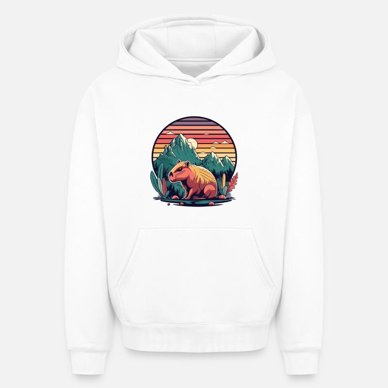Capybara avec Retro Sunset - Sweat à capuche unisexe oversize épais SPREAD - blanc
