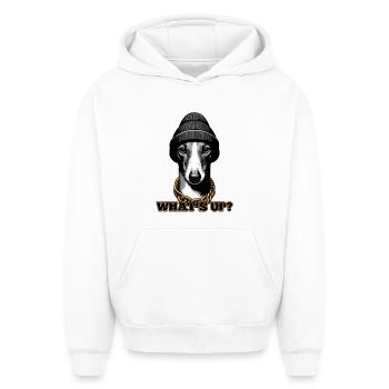 Windhund Was geht ab? Hund Geschenk - Oversized Heavyweight Unisex Hoodie - Weiß - Vorne - AI Model Female 172 dark (172cm) & AI Model Male 185 light (185cm)