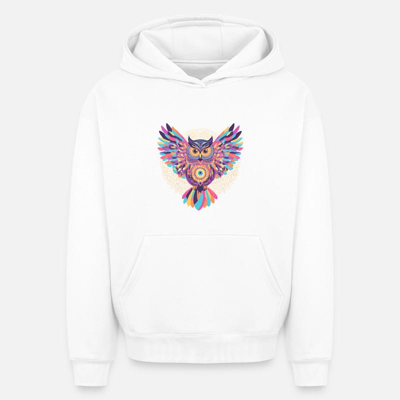 Regenbogenmandala-Eule - Oversized Heavyweight Unisex Hoodie - Weiß