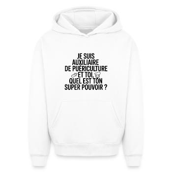 Auxiliaire Puériculture Mon Super Pouvoir - Sweat à capuche unisexe oversize épais SPREAD - blanc - Devant - AI Model Female 172 dark (172cm) & AI Model Male 185 light (185cm)