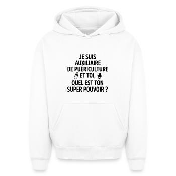 Super pouvoir puericulture - Sweat à capuche unisexe oversize épais SPREAD - blanc - Devant - AI Model Female 172 dark (172cm) & AI Model Male 185 light (185cm)