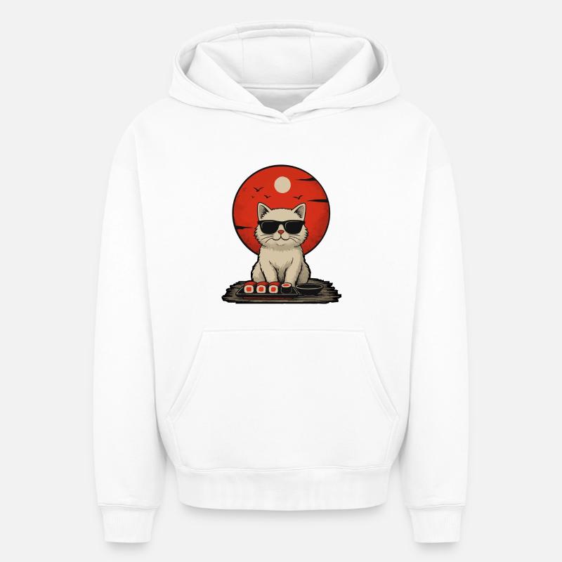 Sunset Cat avec sushi - Sweat à capuche unisexe oversize épais SPREAD - blanc