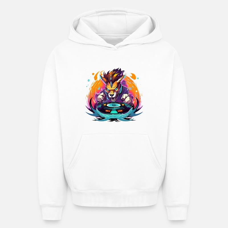 Wolf DJ Neon Fire - Sweat à capuche unisexe oversize épais SPREAD - blanc