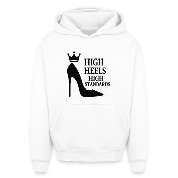 Talons hauts : Normes élevées : Reine de la déclaration de puissance - Sweat à capuche unisexe oversize épais SPREAD - blanc - Devant - AI Model Female 172 dark (172cm) & AI Model Male 185 light (185cm)