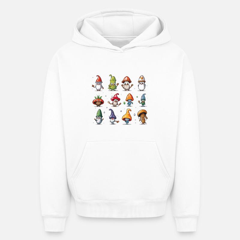 Parade des Gnomes Champignons - Sweat à capuche unisexe oversize épais SPREAD - blanc