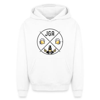 Signe de main du marié pour enterrement de vie de garçon Cercle de bière POS 3C - Sweat à capuche unisexe oversize épais SPREAD - blanc - Devant - AI Model Female 172 dark (172cm) & AI Model Male 185 light (185cm)