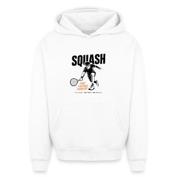 Squash : Rapide, Concentré, Intrépide - Sweat à capuche unisexe oversize épais SPREAD - blanc - Devant - AI Model Female 172 dark (172cm) & AI Model Male 185 light (185cm)