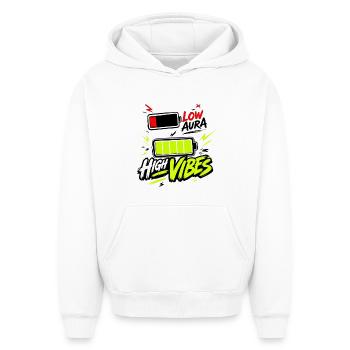 Design humour Low Aura High Vibes - Streetwear BD - Sweat à capuche unisexe oversize épais SPREAD - blanc - Devant - AI Model Female 172 dark (172cm) & AI Model Male 185 light (185cm)