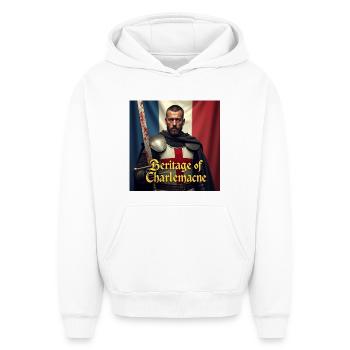 Épopée chevaleresque de Charlemagne - Sweat à capuche unisexe oversize épais SPREAD - blanc - Devant - AI Model Female 172 dark (172cm) & AI Model Male 185 light (185cm)