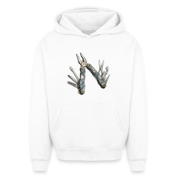 Blue Mech Multitool Pattern - Oversized Heavyweight Unisex Hoodie - white - Front - AI Model Female 172 dark (172cm) & AI Model Male 185 light (185cm)