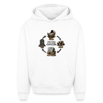 Satire du cycle du capitalisme - Sweat à capuche unisexe oversize épais SPREAD - blanc - Devant - AI Model Female 172 dark (172cm) & AI Model Male 185 light (185cm)