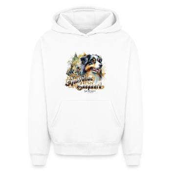 Australian Shepherd - Sweat à capuche unisexe oversize épais SPREAD - blanc - Devant - AI Model Female 172 dark (172cm) & AI Model Male 185 light (185cm)