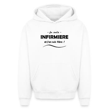 je suis infirmière - Sweat à capuche unisexe oversize épais SPREAD - blanc - Devant - AI Model Female 172 dark (172cm) & AI Model Male 185 light (185cm)