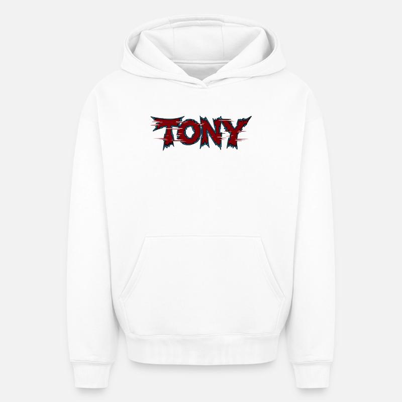 Tony Logo néon dentelé - Sweat à capuche unisexe oversize épais SPREAD - blanc