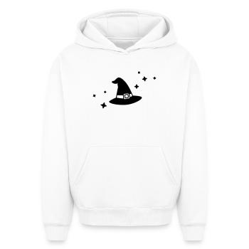 Illustration de chapeau de sorcière pour une sorcière pour Halloween - Sweat à capuche unisexe oversize épais SPREAD - blanc - Devant - AI Model Female 172 dark (172cm) & AI Model Male 185 light (185cm)