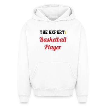 L'Expert du Basket - Sweat à capuche unisexe oversize épais SPREAD - blanc - Devant - AI Model Female 172 dark (172cm) & AI Model Male 185 light (185cm)