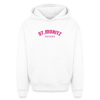 St. Moritz - Suisse - Switzerland - Swiss - Sweat à capuche unisexe oversize épais SPREAD - blanc - Devant - AI Model Female 172 dark (172cm) & AI Model Male 185 light (185cm)