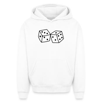 Würfel - Oversized Heavyweight Unisex Hoodie - Weiß - Vorne - AI Model Female 172 dark (172cm) & AI Model Male 185 light (185cm)