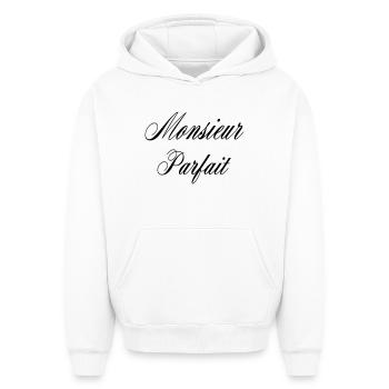 Monsieur Parfait Humour Homme - Sweat à capuche unisexe oversize épais SPREAD - blanc - Devant - AI Model Female 172 dark (172cm) & AI Model Male 185 light (185cm)