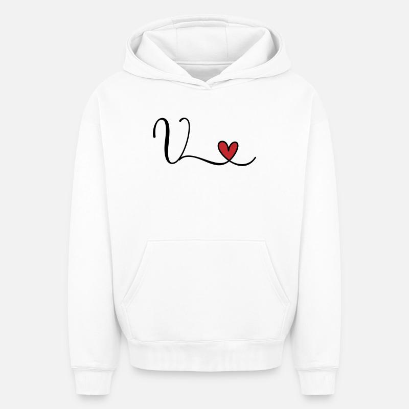Lettre V Monogramme Cœur Initial - Sweat à capuche unisexe oversize épais SPREAD - blanc