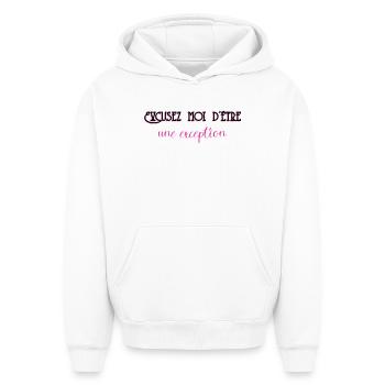 Excusez Moi DÊtre Une Exception - Sweat à capuche unisexe oversize épais SPREAD - blanc - Devant - AI Model Female 172 dark (172cm) & AI Model Male 185 light (185cm)