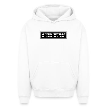 Crew design in patch format - Oversized Heavyweight Unisex Hoodie - white - Front - AI Model Female 172 dark (172cm) & AI Model Male 185 light (185cm)