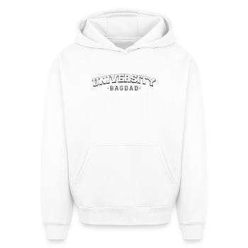 Université de Bagdad - Sweat à capuche unisexe oversize épais SPREAD - blanc - Devant - AI Model Female 172 dark (172cm) & AI Model Male 185 light (185cm)