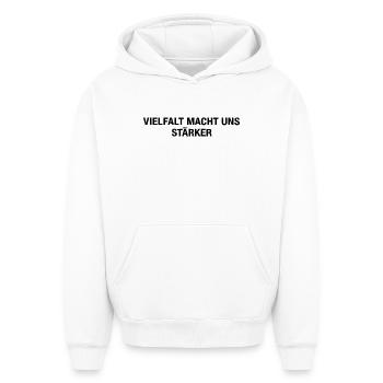 Human Rights Minimal Art - Oversized Heavyweight Unisex Hoodie - white - Front - AI Model Female 172 dark (172cm) & AI Model Male 185 light (185cm)