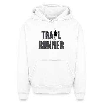 Coureur de trail - Sweat à capuche unisexe oversize épais SPREAD - blanc - Devant - AI Model Female 172 dark (172cm) & AI Model Male 185 light (185cm)