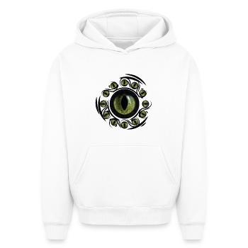 Œil vert cyclique circulaire - Sweat à capuche unisexe oversize épais SPREAD - blanc - Devant - AI Model Female 172 dark (172cm) & AI Model Male 185 light (185cm)