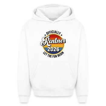 Pensioner 2026 Retro Patch Early Retirement Graduation Party - Oversized Heavyweight Unisex Hoodie - white - Front - AI Model Female 172 dark (172cm) & AI Model Male 185 light (185cm)