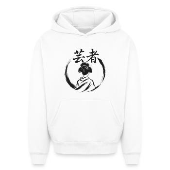 Geisha Enso Zen - Dos Kimono Kanji Geisha Art Japo - Sweat à capuche unisexe oversize épais SPREAD - blanc - Devant - AI Model Female 172 dark (172cm) & AI Model Male 185 light (185cm)