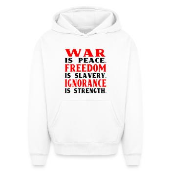 La guerre est la paix - Sweat à capuche unisexe oversize épais SPREAD - blanc - Devant - AI Model Female 172 dark (172cm) & AI Model Male 185 light (185cm)