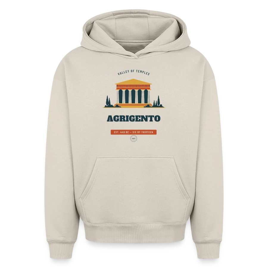 Agrigento badge on a oversized heavyweight unisex hoodie, beige, front