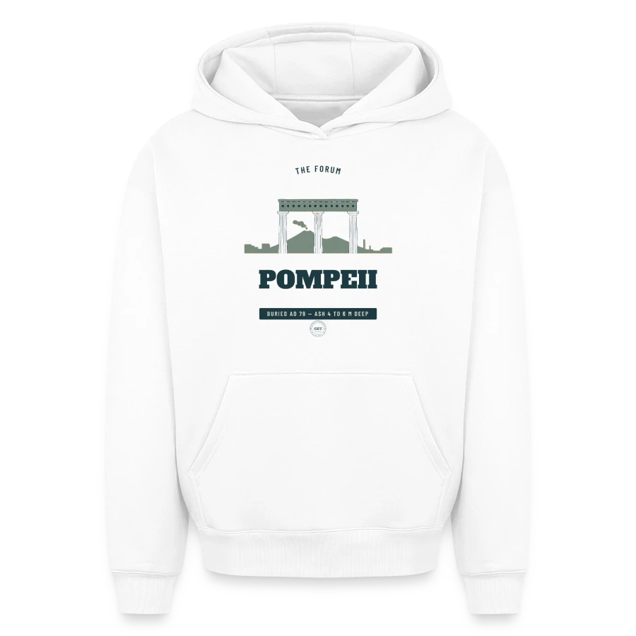Pompeii badge on a oversized heavyweight unisex hoodie, white, front