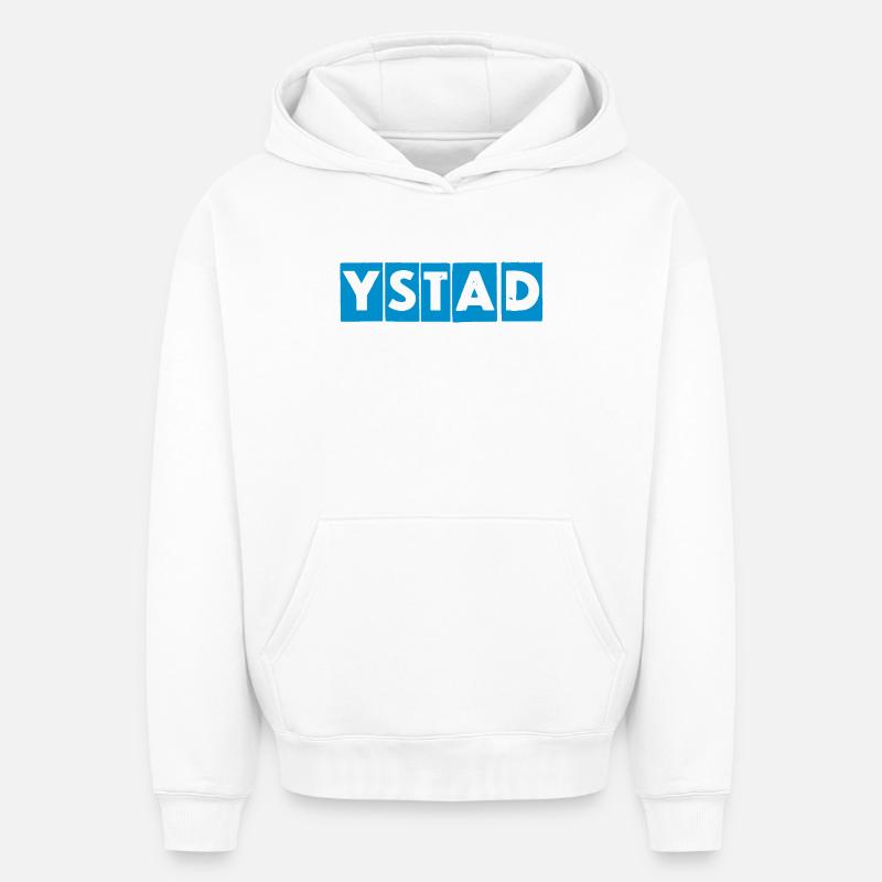Ystad – Conception de texte bleu - Sweat à capuche unisexe oversize épais SPREAD - blanc