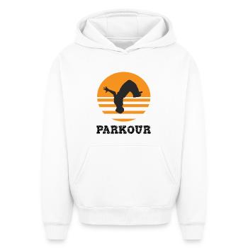 Parkour - Sweat à capuche unisexe oversize épais SPREAD - blanc - Devant - AI Model Female 172 dark (172cm) & AI Model Male 185 light (185cm)