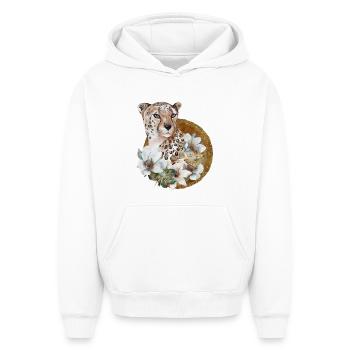 Léopard avec or et fleurs - Sweat à capuche unisexe oversize épais SPREAD - blanc - Devant - AI Model Female 172 dark (172cm) & AI Model Male 185 light (185cm)