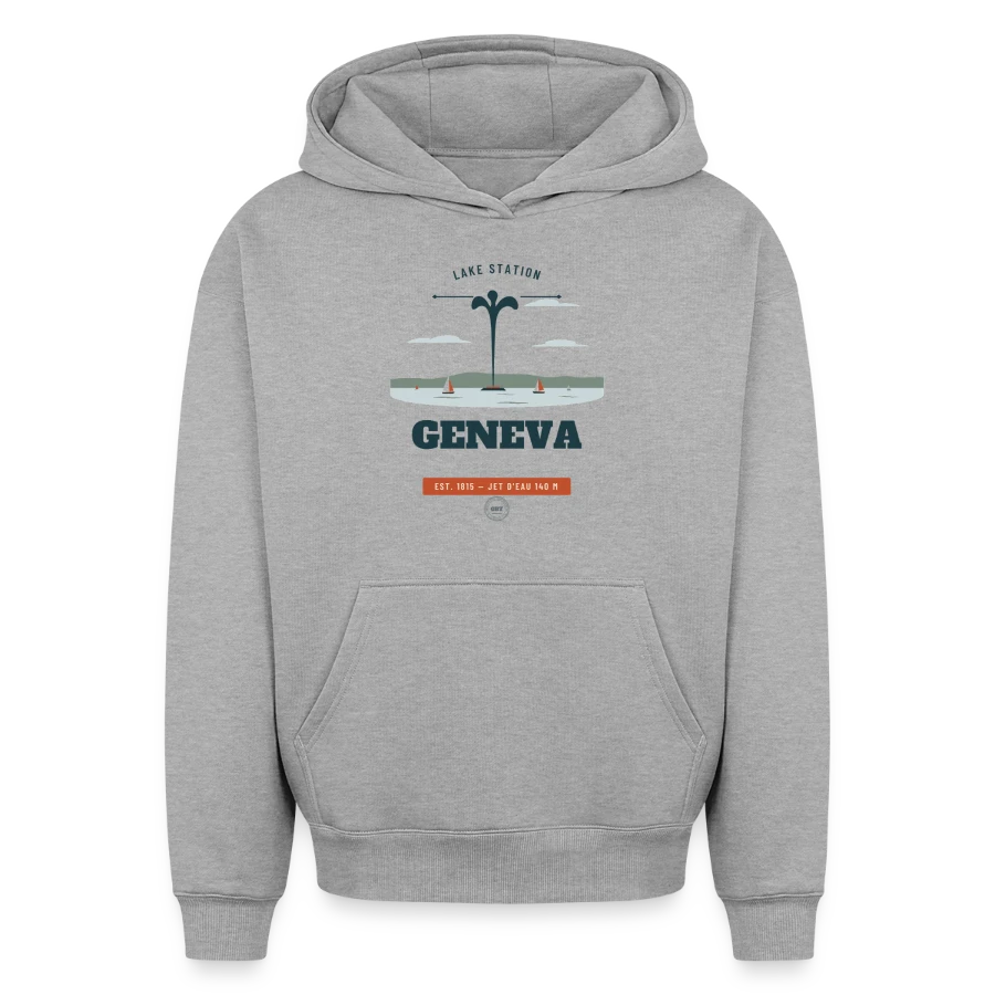 Geneva badge on a oversized heavyweight unisex hoodie, heather grey