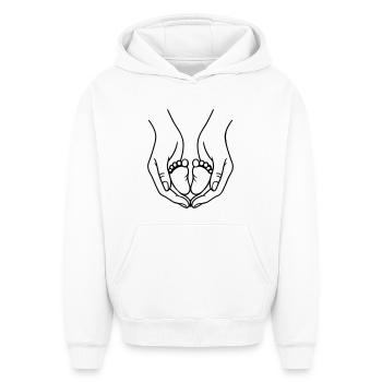 Logo Mains tenant les pieds de bébé - Sweat à capuche unisexe oversize épais SPREAD - blanc - Devant - AI Model Female 172 dark (172cm) & AI Model Male 185 light (185cm)
