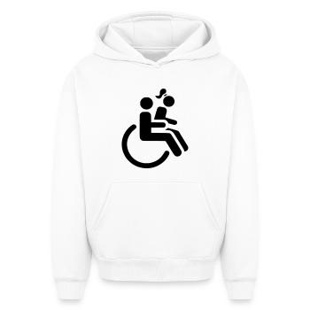 Utilisateur d’un fauteuil roulant avec une dame sur les genoux # - Sweat à capuche unisexe oversize épais SPREAD - blanc - Devant - AI Model Female 172 dark (172cm) & AI Model Male 185 light (185cm)