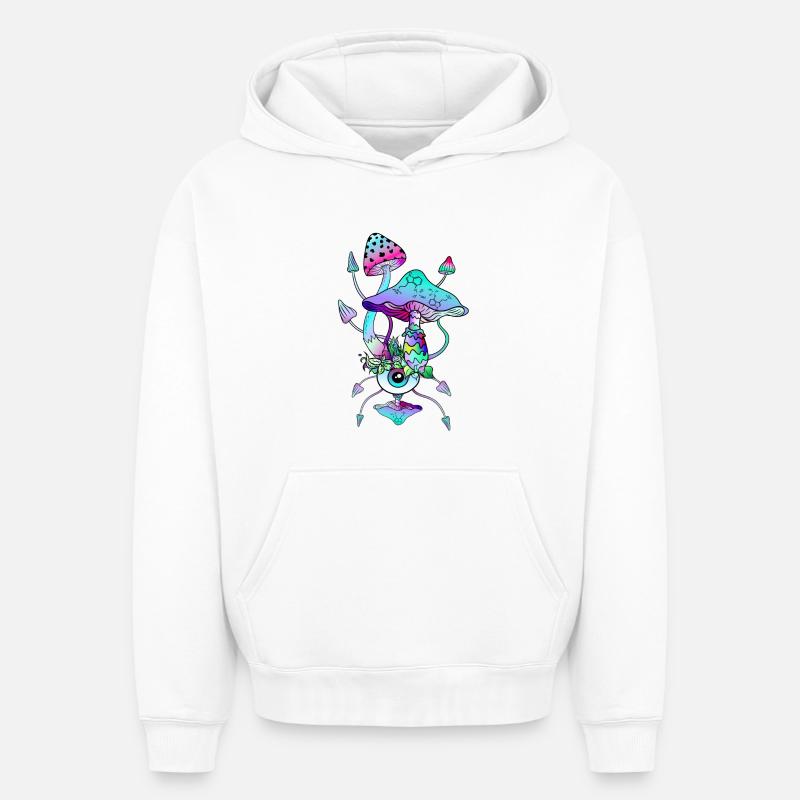 Champignons Magiques Néon Champis Psychédéliques - Sweat à capuche unisexe oversize épais SPREAD - blanc
