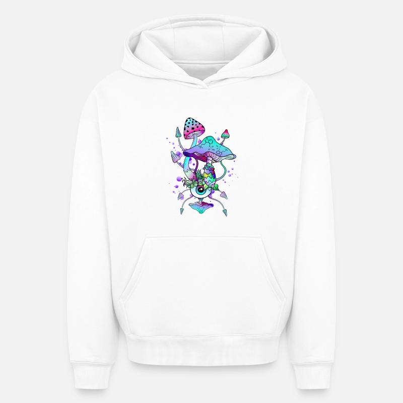 Trippy Neon Champignons Psychédéliques - Sweat à capuche unisexe oversize épais SPREAD - blanc