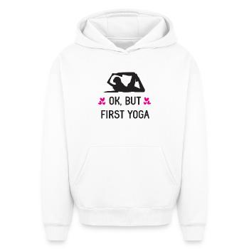 Ok, mais d’abord le yoga - Sweat à capuche unisexe oversize épais SPREAD - blanc - Devant - AI Model Female 172 dark (172cm) & AI Model Male 185 light (185cm)