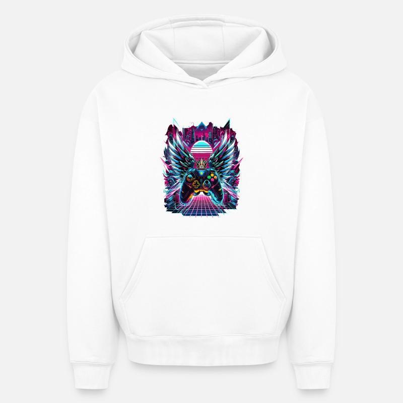 Manette Synthwave Sunset Gamer - Sweat à capuche unisexe oversize épais SPREAD - blanc