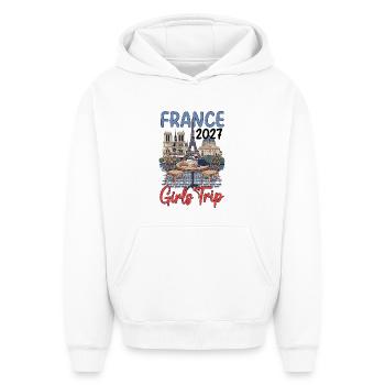 Voyage entre filles en France 2027 - Sweat à capuche unisexe oversize épais SPREAD - blanc - Devant - AI Model Female 172 dark (172cm) & AI Model Male 185 light (185cm)
