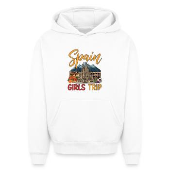 Spain Girls Trip - Oversized Heavyweight Unisex Hoodie - white - Front - AI Model Female 172 dark (172cm) & AI Model Male 185 light (185cm)