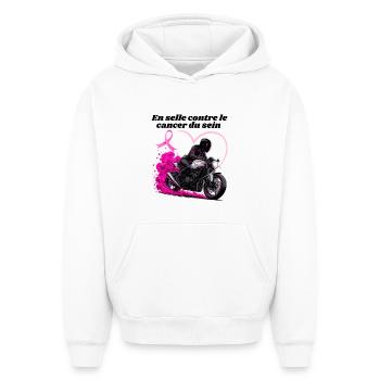 Moto femme en selle contre le cancer du sein - Sweat à capuche unisexe oversize épais SPREAD - blanc - Devant - AI Model Female 172 dark (172cm) & AI Model Male 185 light (185cm)