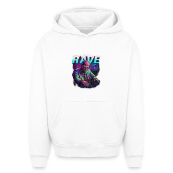 Praise the Rave Funny Techno DJ Design - Oversized Heavyweight Unisex Hoodie - white - Front - AI Model Female 172 dark (172cm) & AI Model Male 185 light (185cm)